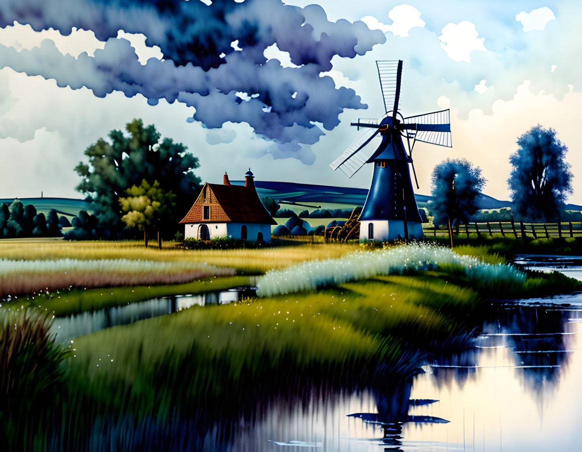 Traditional windmill and cottage beside river at dusk with fireflies