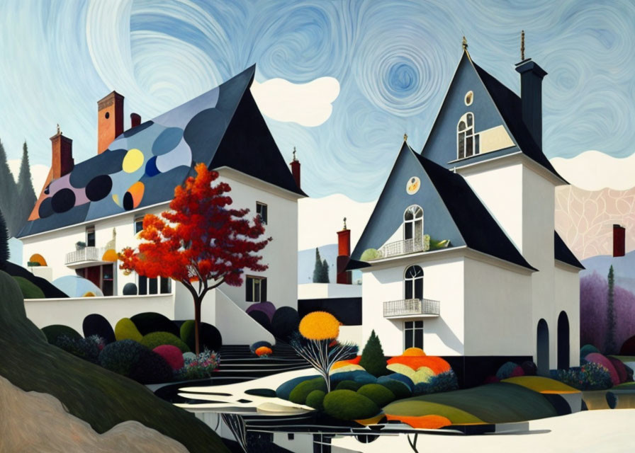 Whimsical painting of colorful buildings and trees under swirling sky