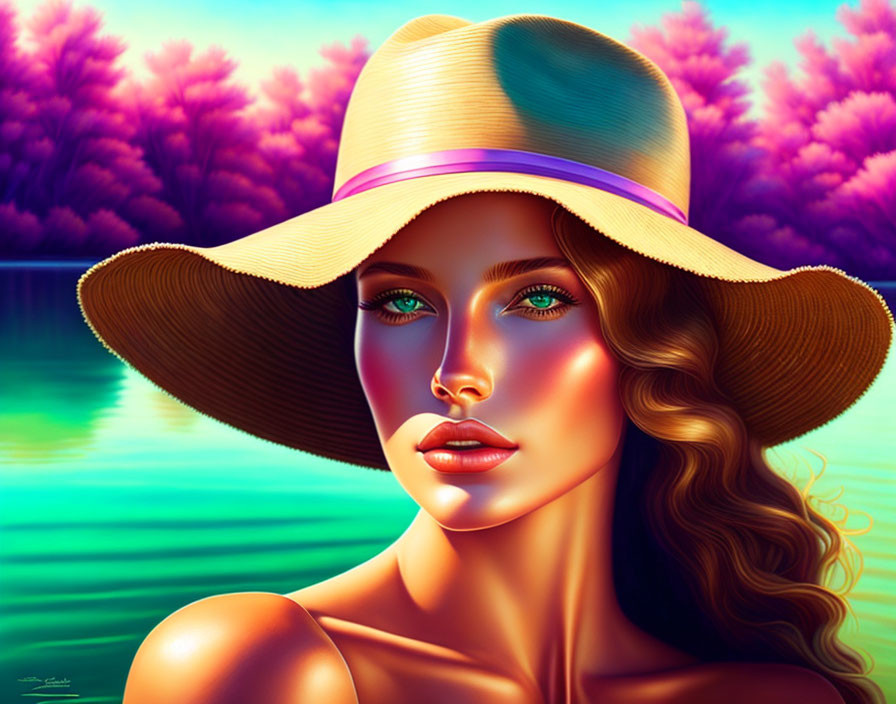 Digital artwork featuring woman with green eyes and wide-brimmed hat against colorful backdrop.