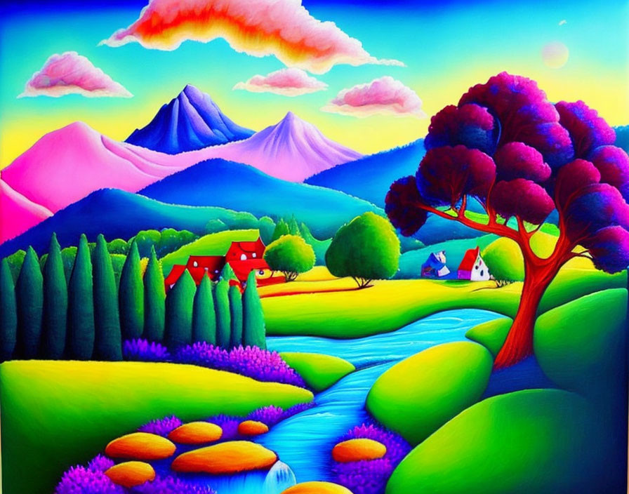 Colorful landscape painting with rolling green hills, blue river, purple trees, red-roofed houses