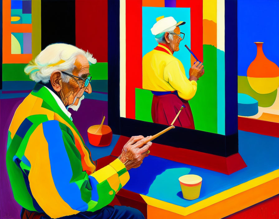 Elderly artist painting vibrant man with palette on colorful canvas