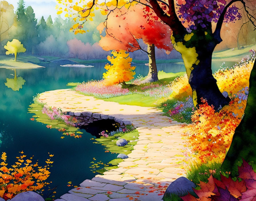 Colorful Autumn Scene: Cobblestone Path to Tranquil Lake