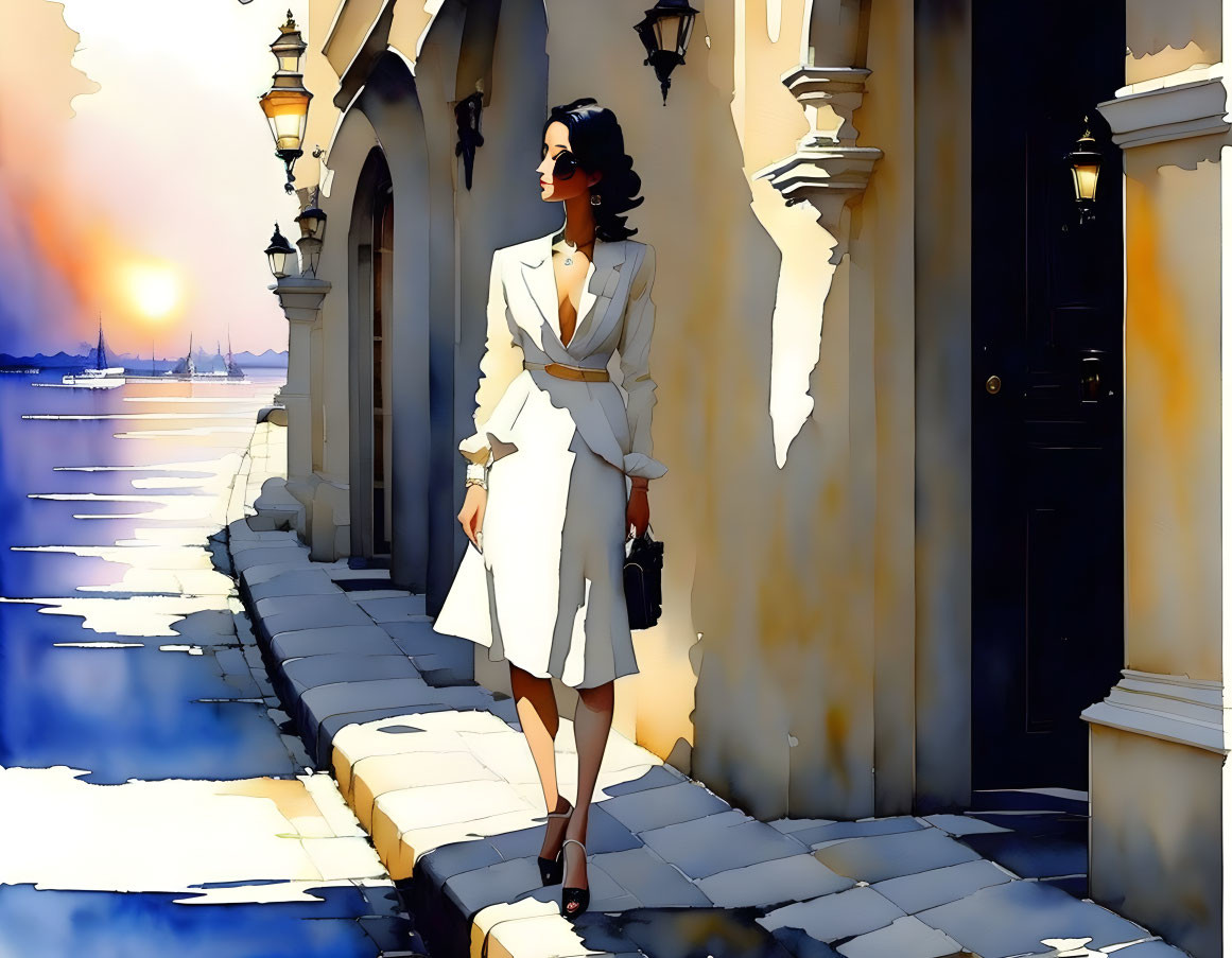 Stylized image of elegant woman in white outfit walking along sunny waterfront.