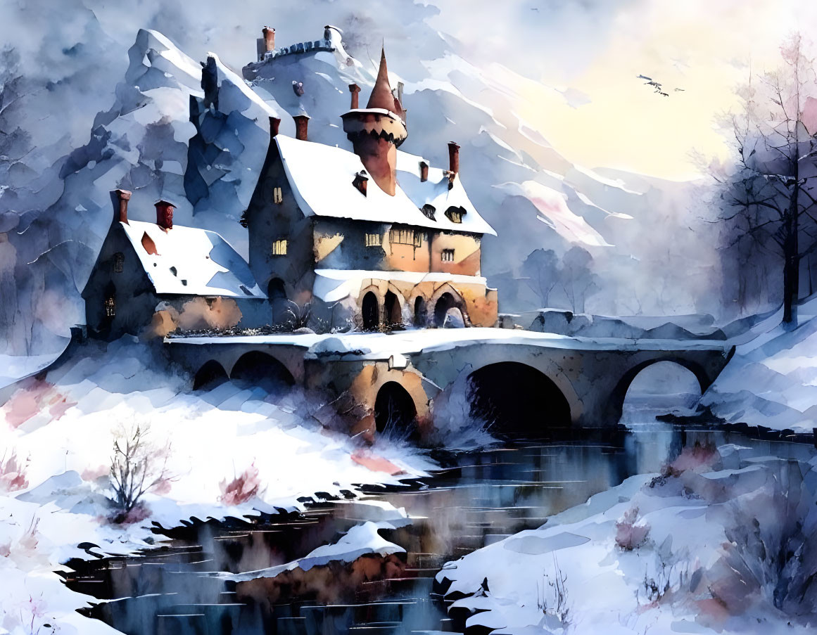 Snowy castle with turrets and stone bridge in watercolor style