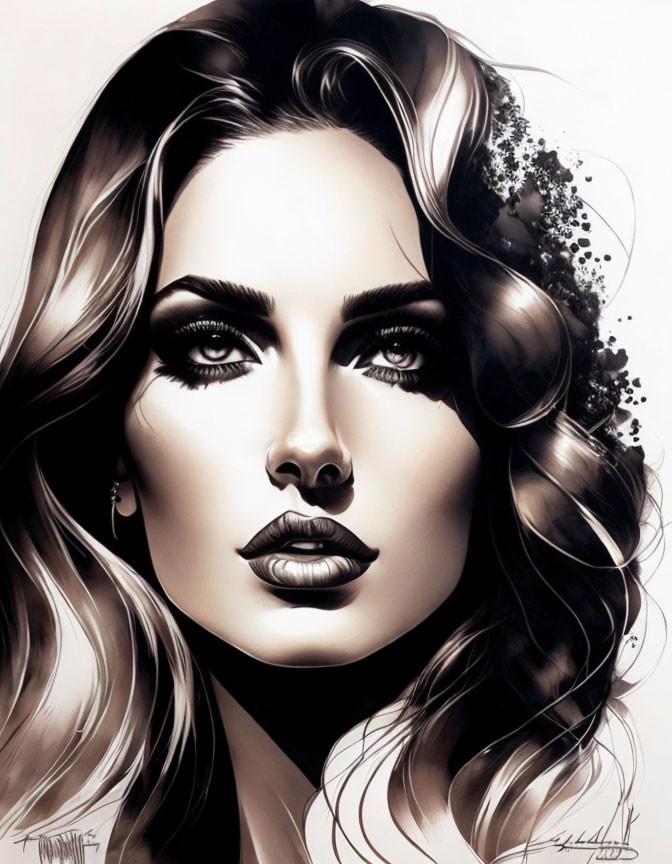 Monochrome portrait of woman with captivating eyes, full lips, and artistic splash detail