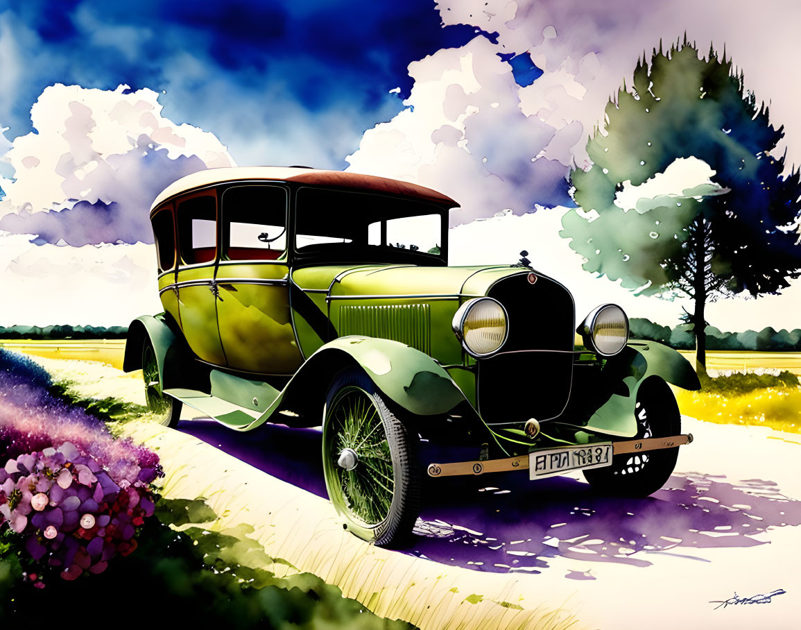 Classic Green and Black Car Illustration on Dirt Road with Field and Blue Sky