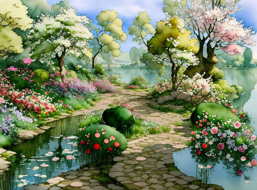 Tranquil pond and vibrant garden with stone path