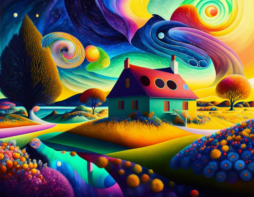 Colorful psychedelic landscape with small house and swirling sky