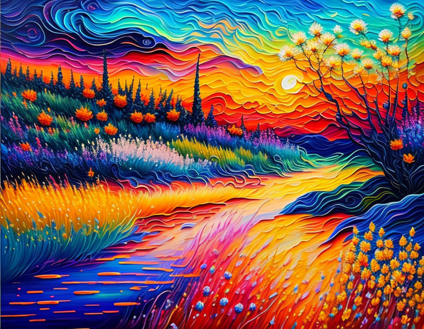 Colorful painting of whimsical landscape with swirling skies and bright stylized flora