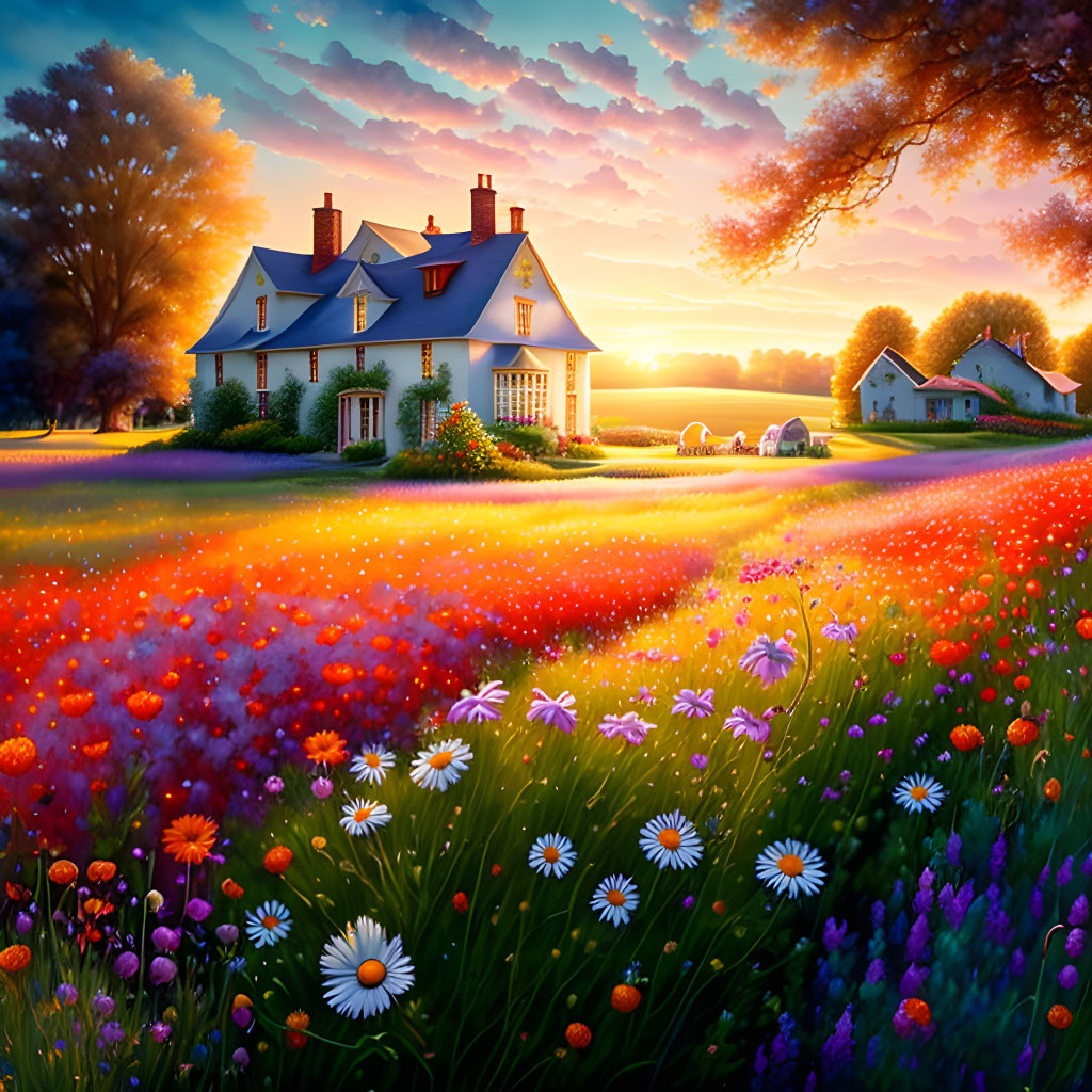 Colorful Meadow Blooming with Sunset Sky and Houses