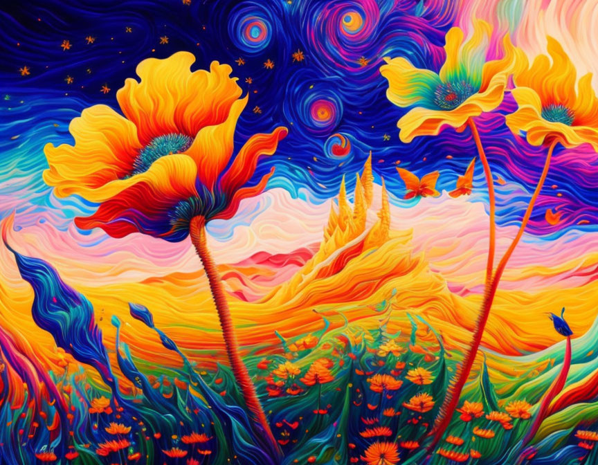 Colorful Psychedelic Painting of Swirling Skies and Oversized Flowers