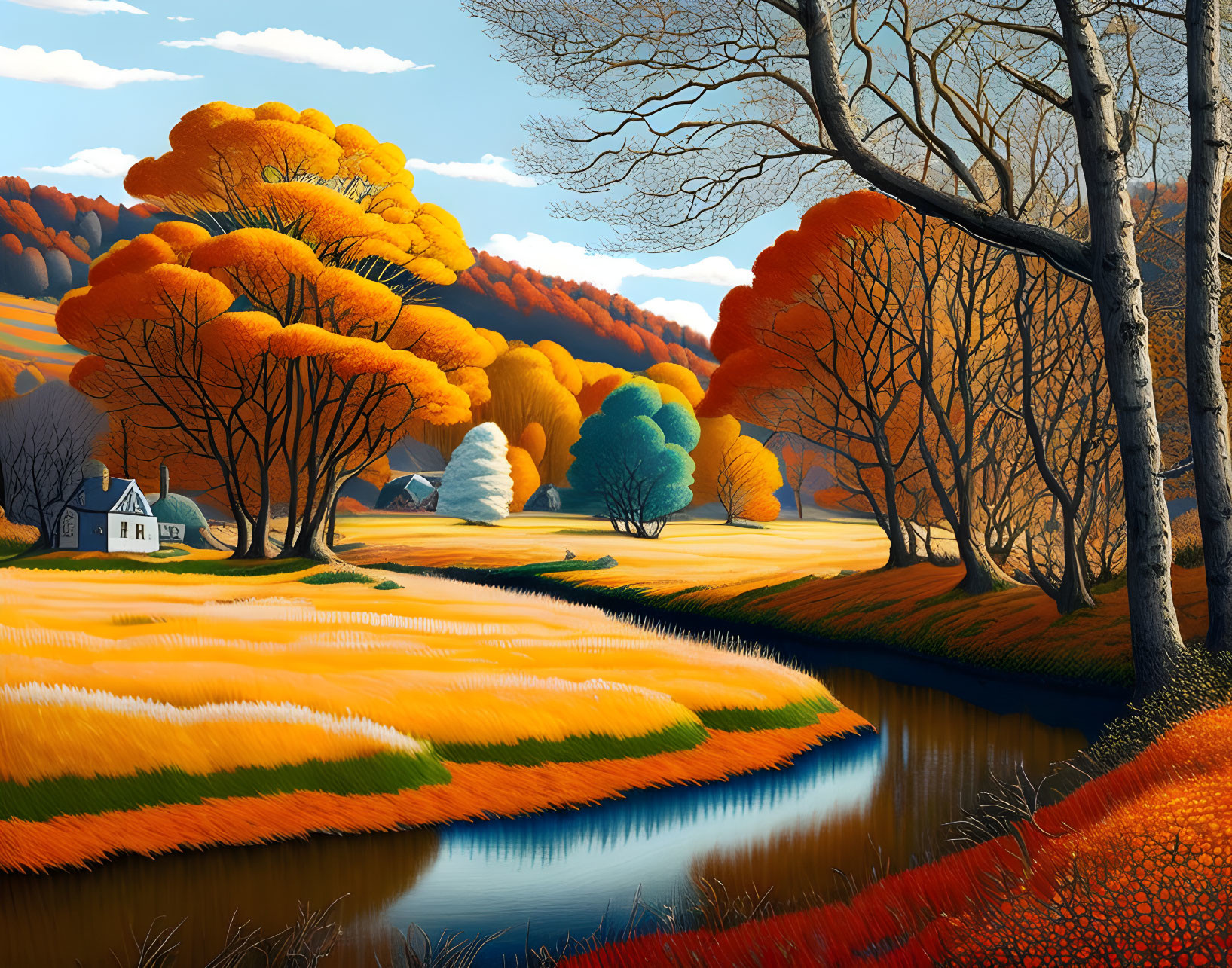 Colorful autumn landscape with river, fields, fiery trees, and white house