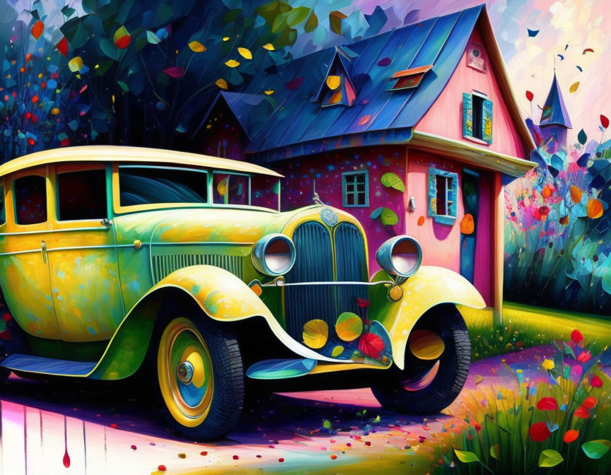 Colorful vintage car parked by whimsical cottage in vibrant artwork