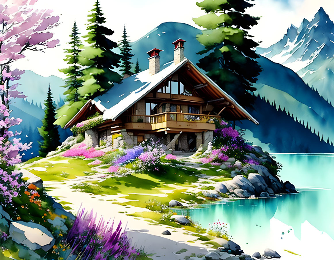 Scenic chalet by lake with vibrant flowers and mountains