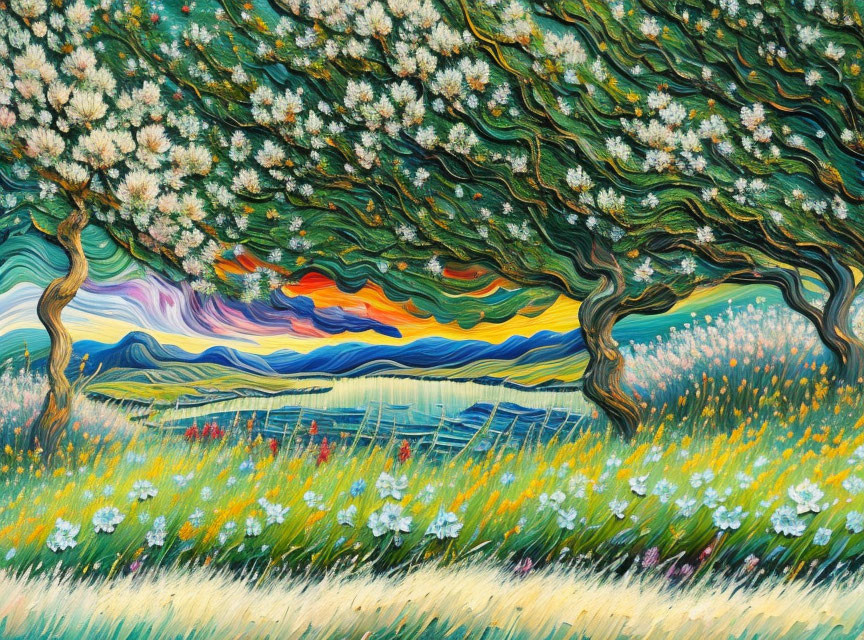 Colorful impressionist painting of blossoming tree and meadow.