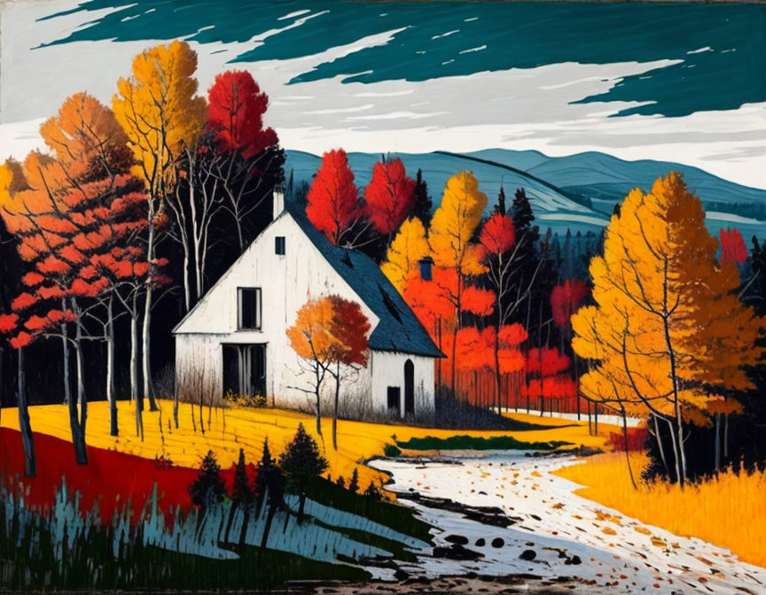 Colorful Autumn Landscape with White House, Mountains, and Stream