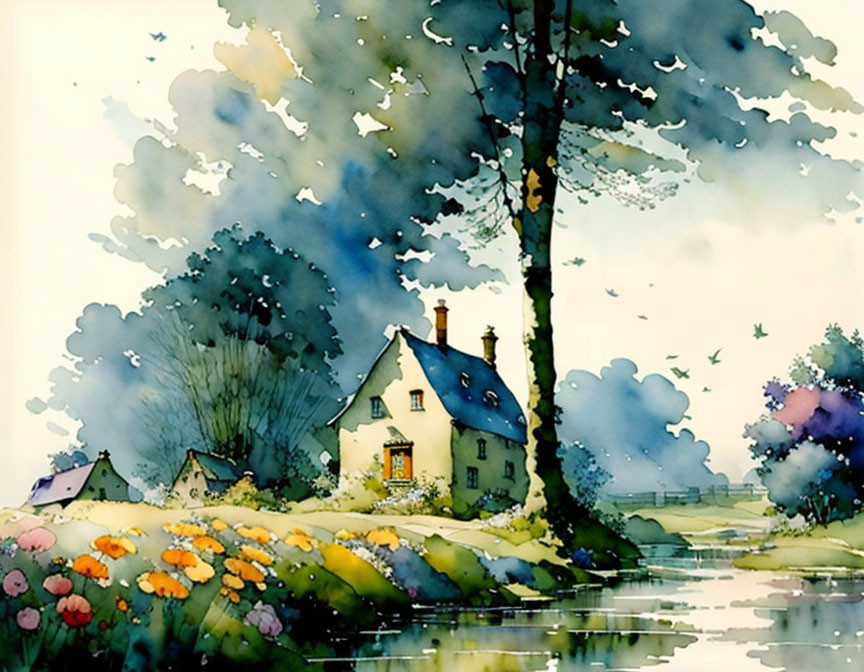 Scenic watercolor: Cottage by river with flowers, trees, birds, dynamic sky