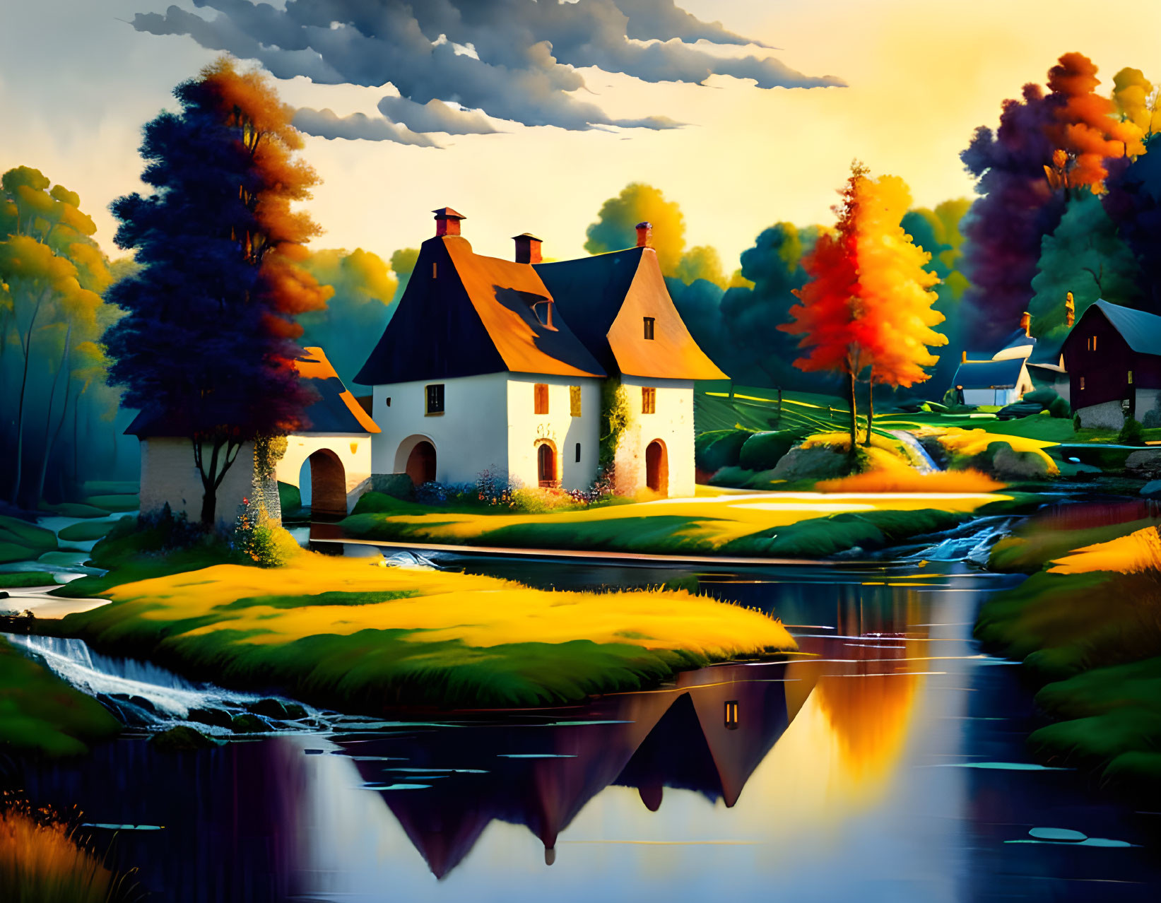 Scenic illustration: quaint village with thatched-roof cottages and autumn trees by a stream