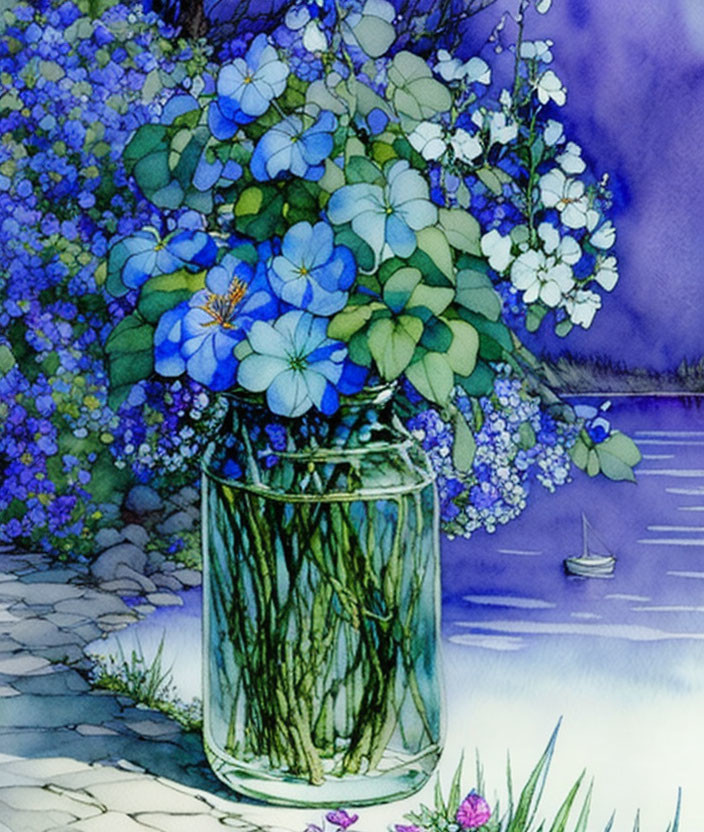 Vibrant Blue and White Flowers in Transparent Jar with River and Sailboats