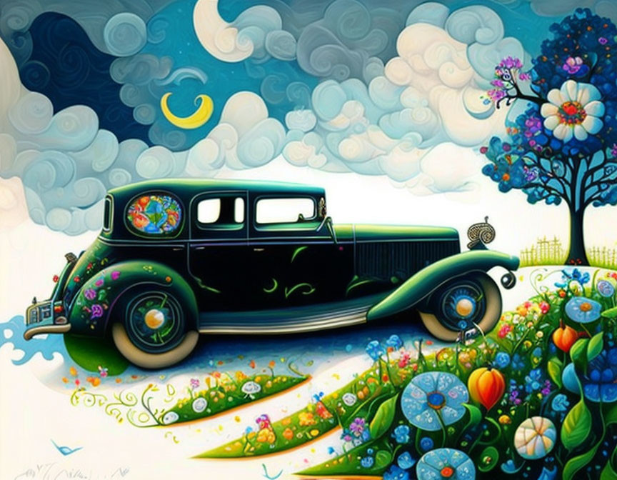 Whimsical vintage car on floral path under crescent moon