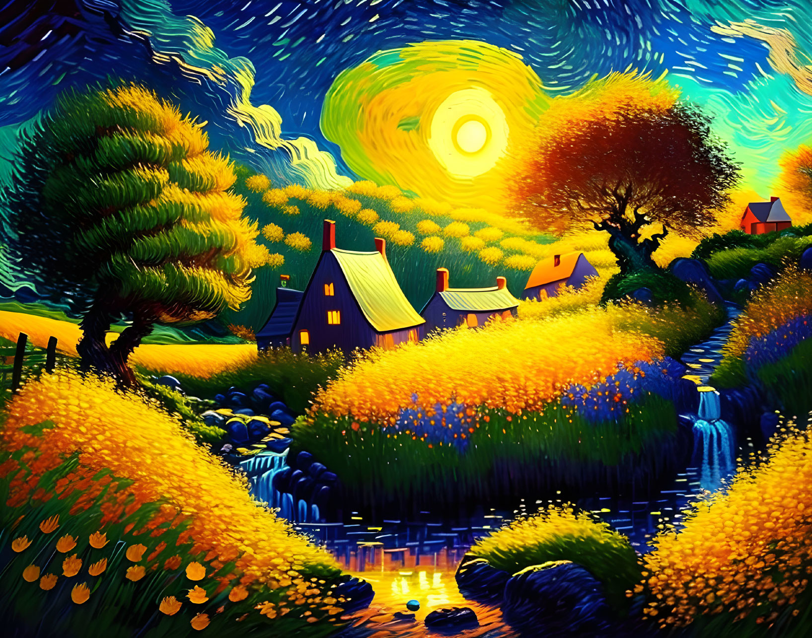 Colorful Van Gogh-inspired painting: Starry sky, luminous moon, calm stream, picturesque