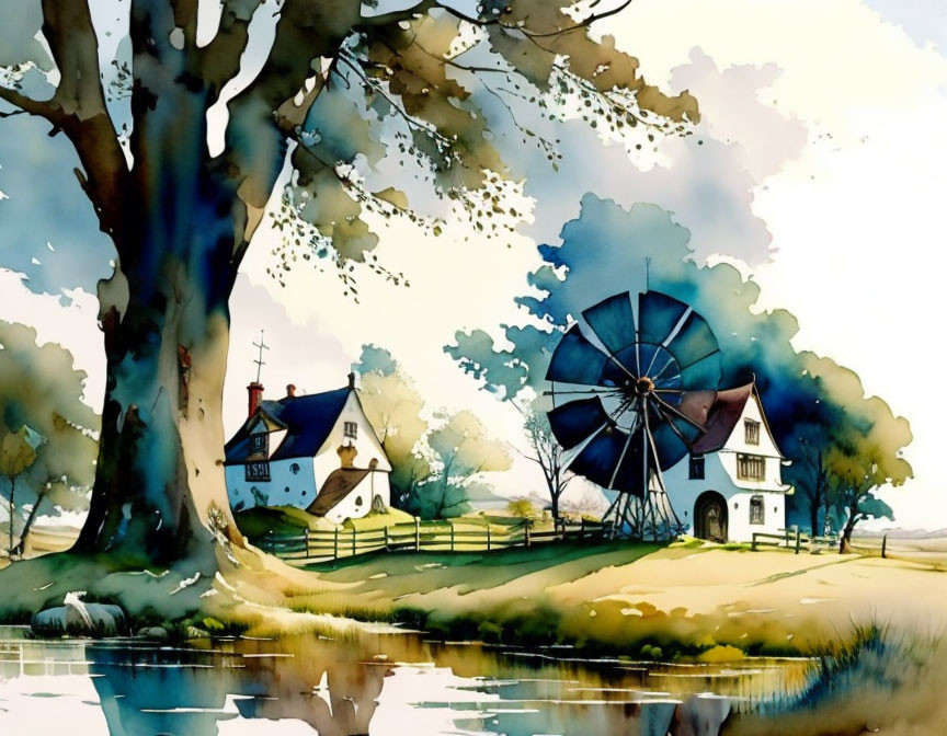 Traditional house and windmill in serene watercolor landscape