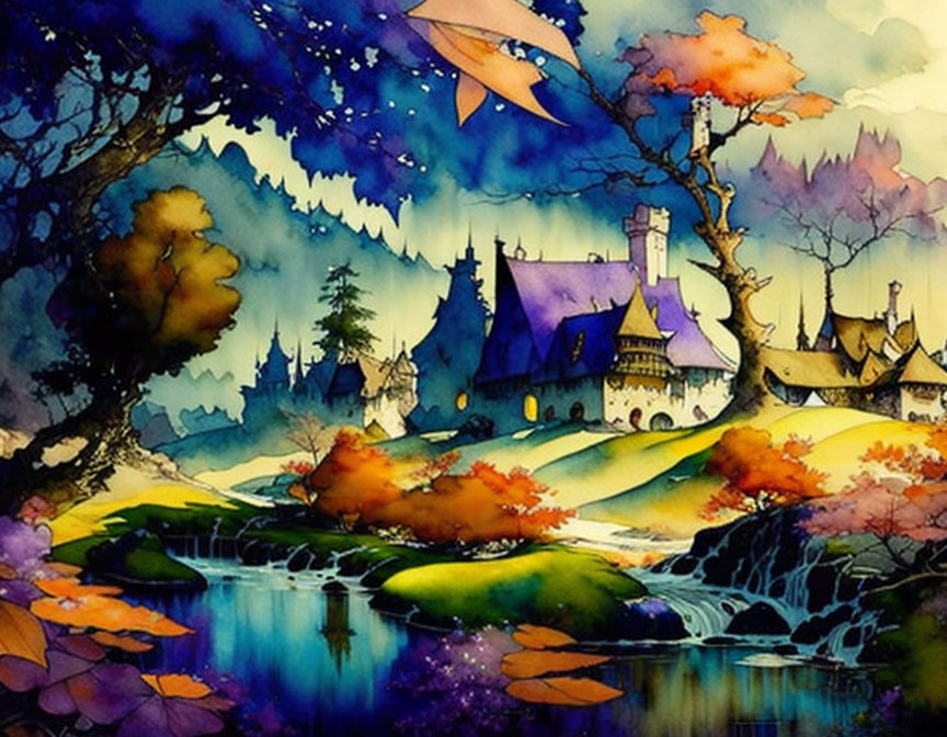 Colorful Stylized Landscape with Whimsical Trees, Stream, Cottages, and Star