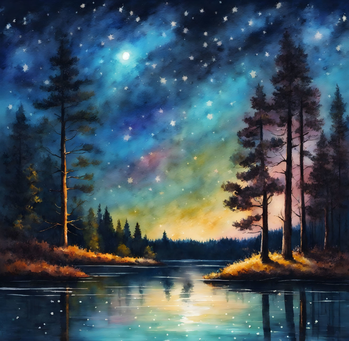 Tranquil Night Landscape with Starry Sky, River, and Silhouetted Pine Trees