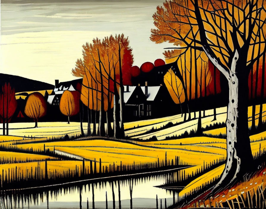 Stylized autumn landscape with golden trees, reflective river, distant houses, under black and yellow sky