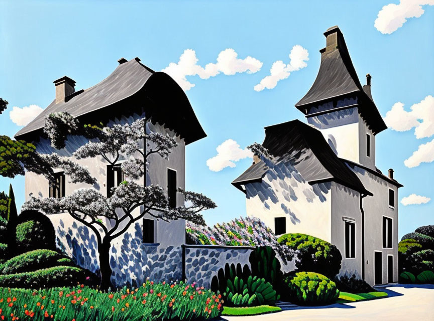 Stylized houses with sharp shadows in vibrant greenery and blue sky