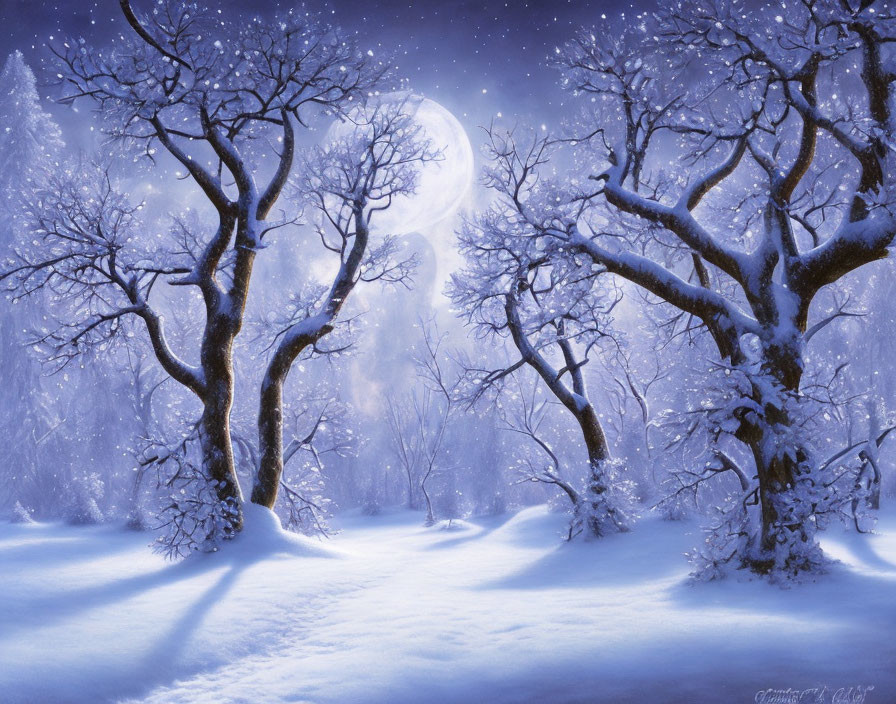 Tranquil snow-covered forest with glowing full moon