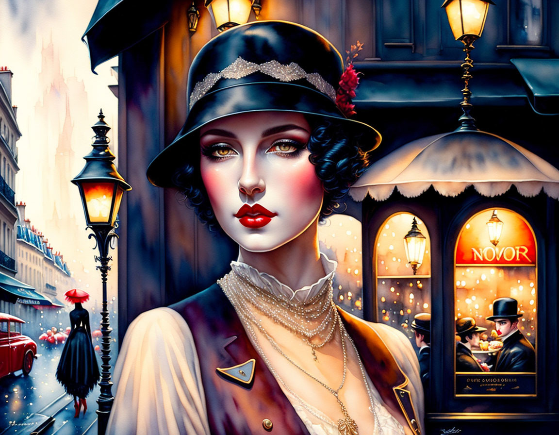 Elegant woman with red lips and black hat on vintage Parisian street background