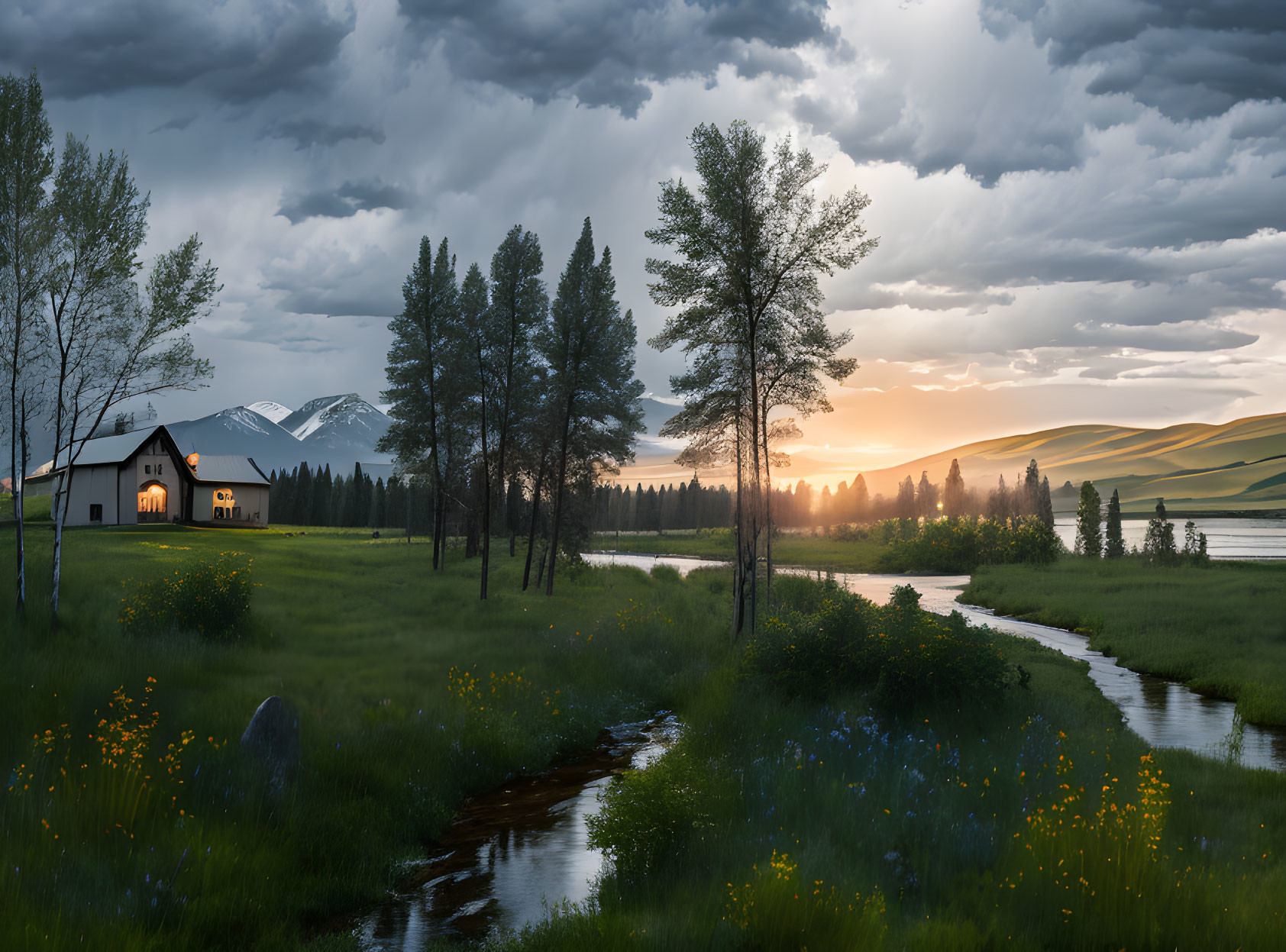 Tranquil sunset landscape with cozy house, lush fields, stream, mountains, and cloudy sky