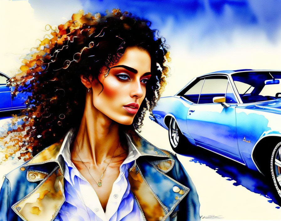 Stylized illustration of woman with curly hair next to blue classic car