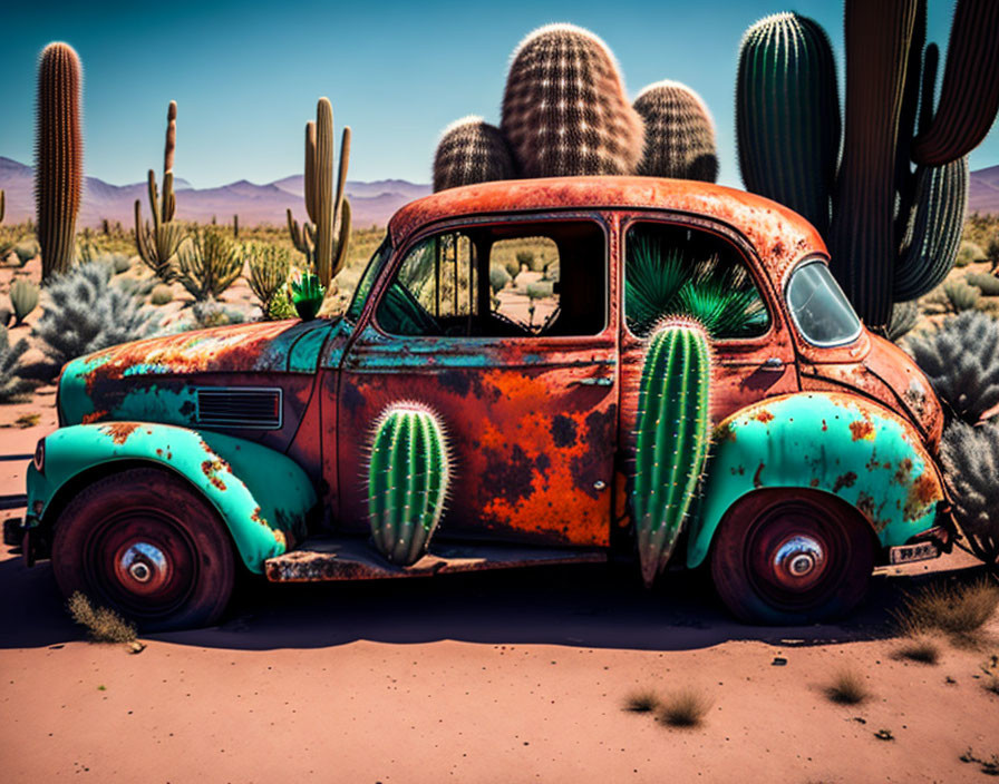 Abandoned vintage car in desert with cacti blending into landscape