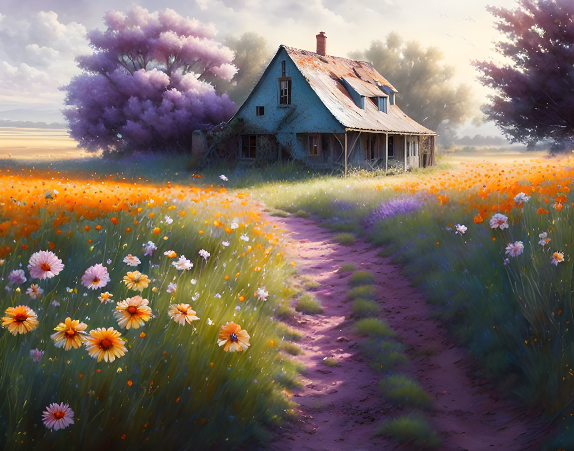 Tranquil landscape with dilapidated house, vibrant flowers, winding path, purple trees, and