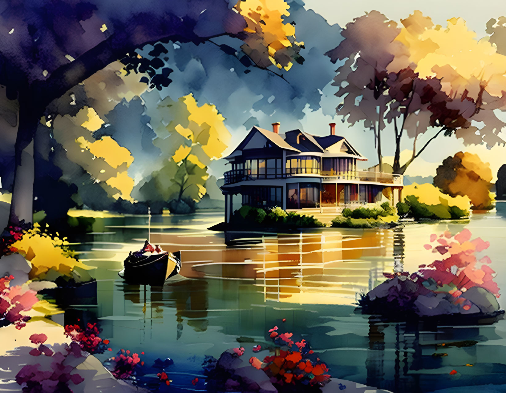 Vibrant illustration of serene lake scene with island house, trees, flowers, and boat