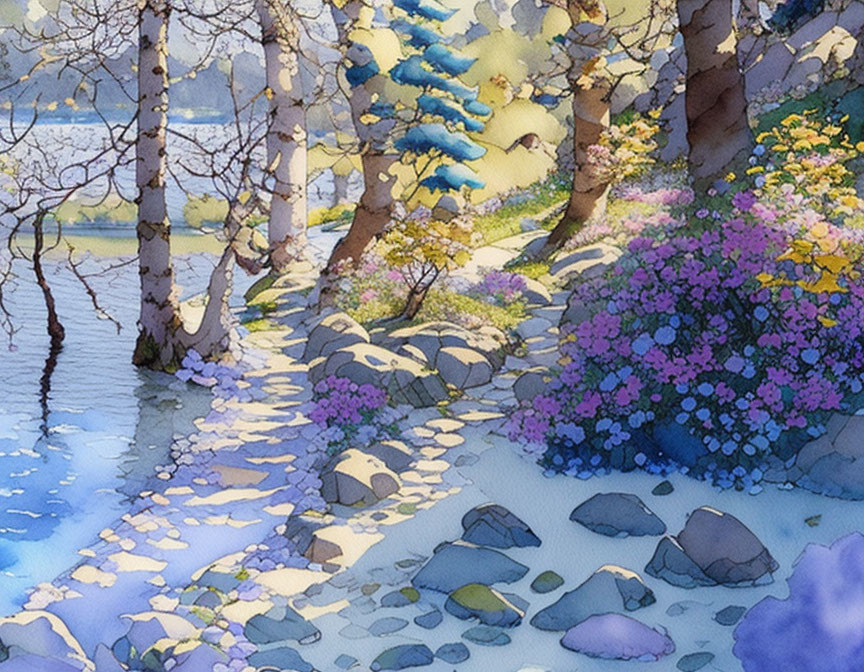 Sunlit riverside watercolor with blooming flowers and birch trees