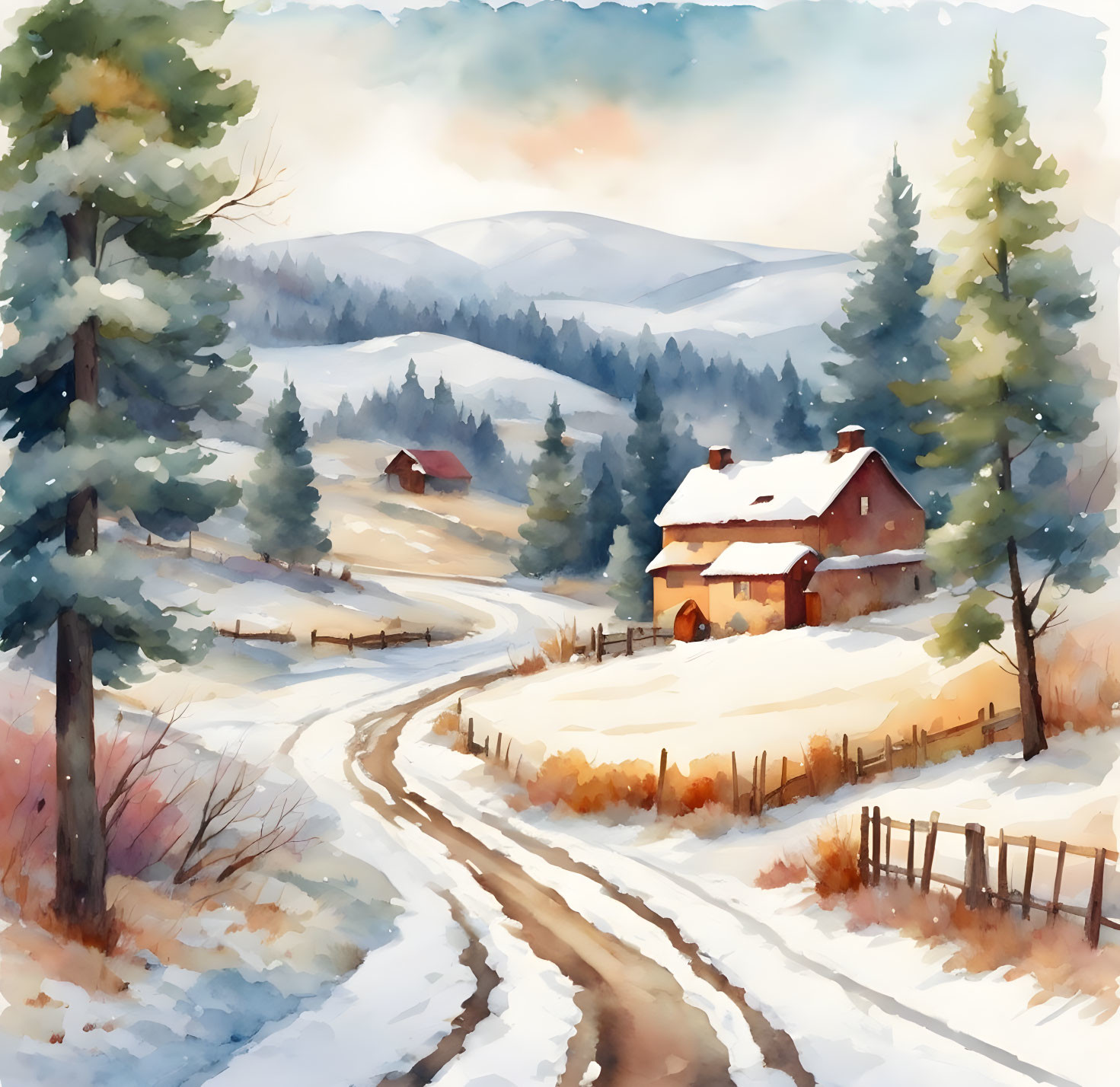 Snowy Landscape Watercolor Painting with Winding Path to Cozy House