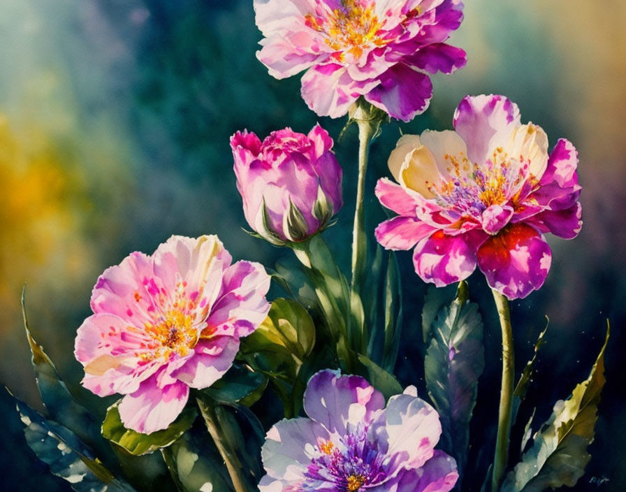 Pink Peony Flowers Watercolor Painting with Yellow and Purple Highlights