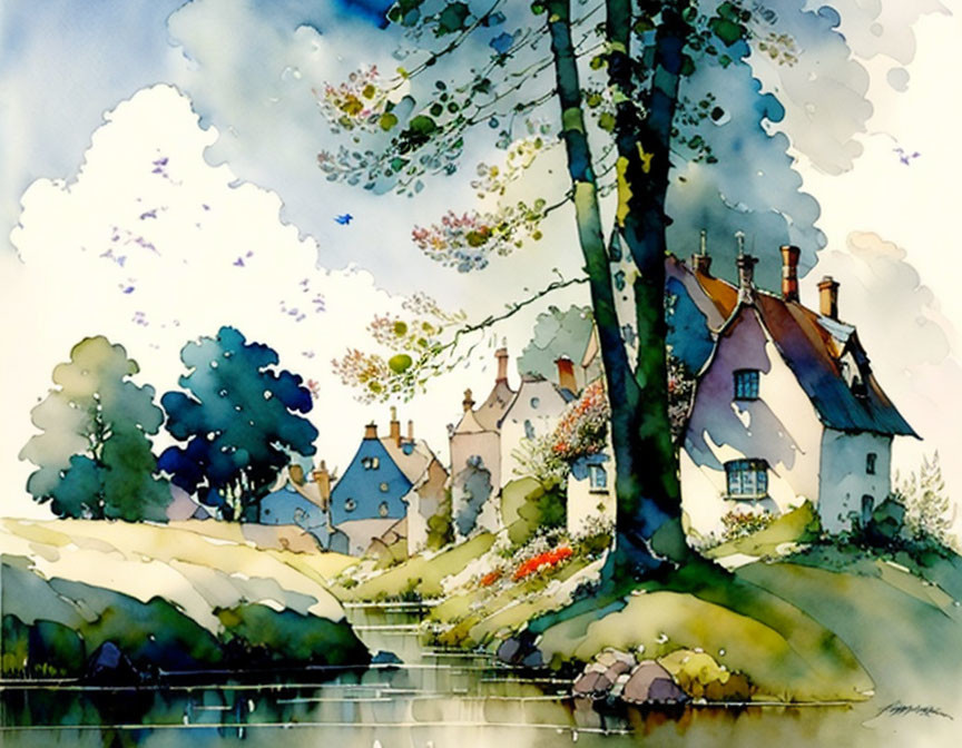 Tranquil village scene with cottages, trees, stream, and vibrant sky