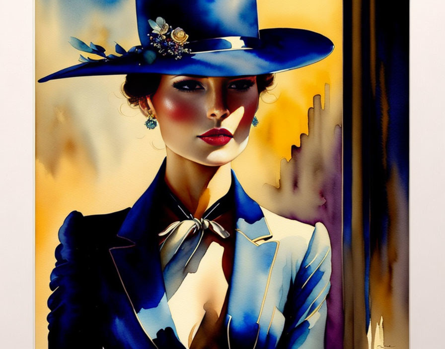 Stylized portrait of a woman in blue hat and jacket on warm-toned background