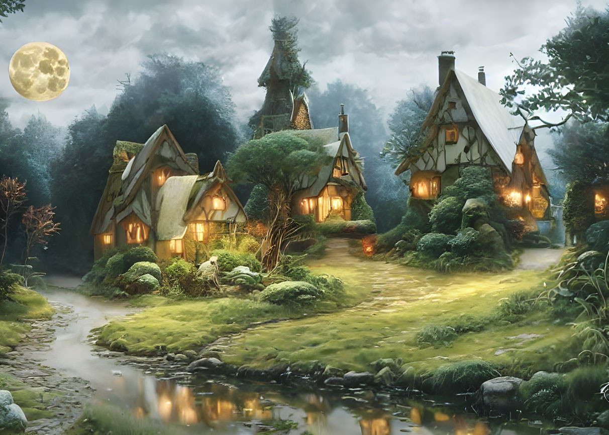 Enchanted village with thatched-roof cottages in mystical forest at night