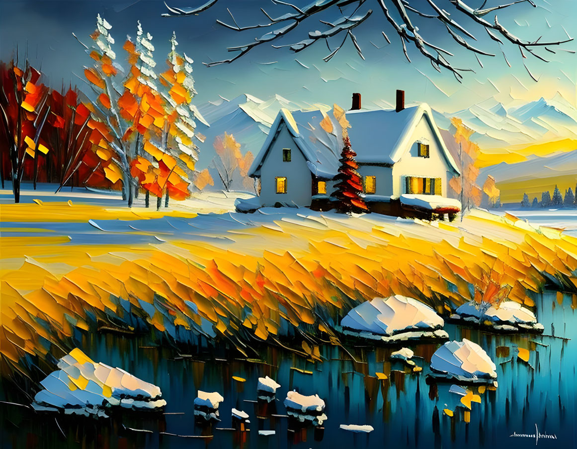 Winter landscape: cozy house by river in snowy setting