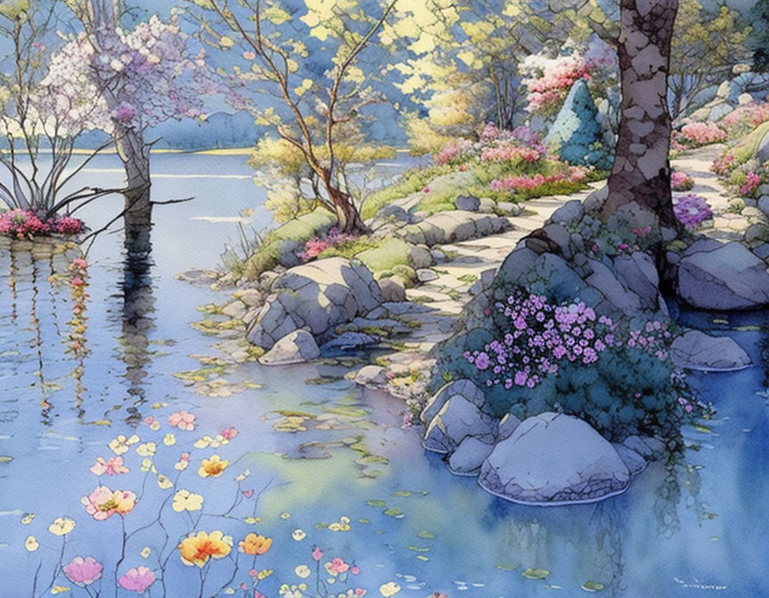 Tranquil watercolor illustration of blooming garden and serene lake