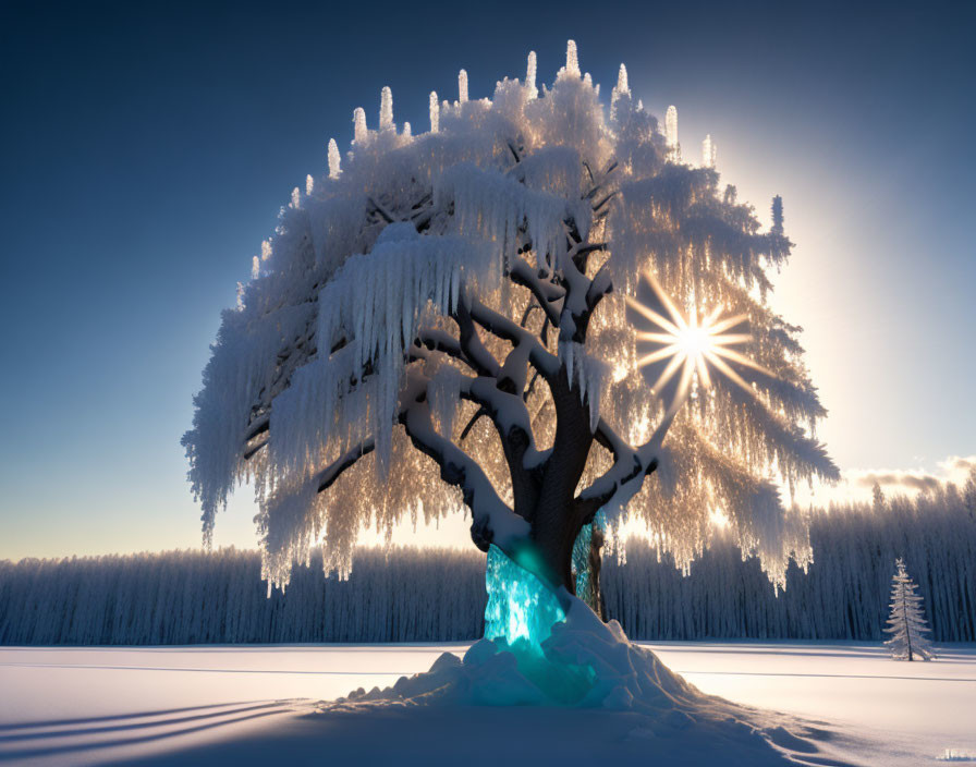 Winter scene: Snowy tree with icicles in forest setting