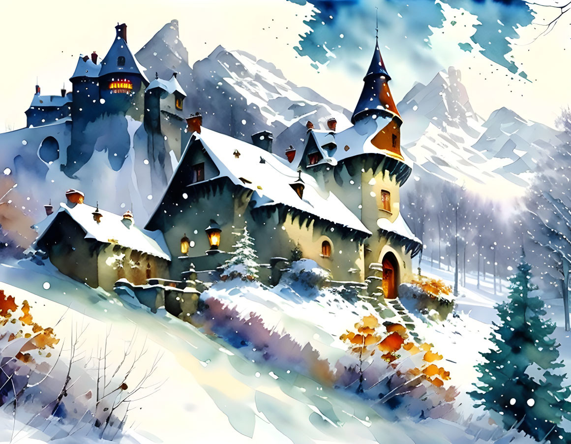 Snow-covered castle in wintry scene with mountains and trees.