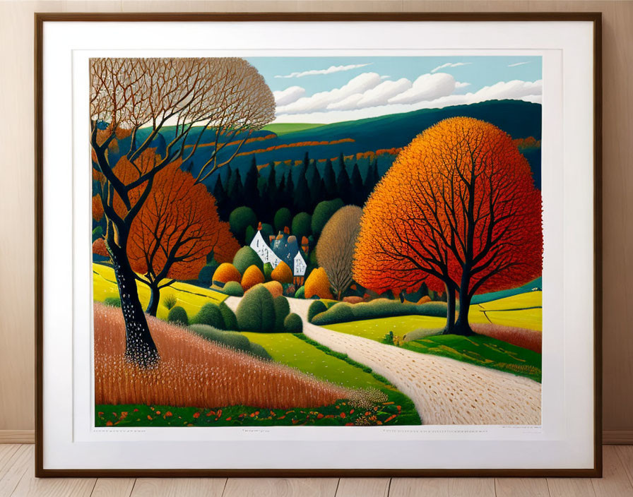 Vibrant autumn landscape painting with colorful trees and rolling hills