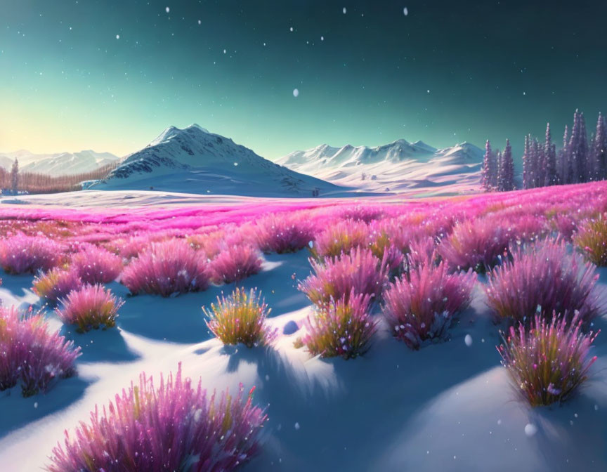 Winter landscape with pink-purple flora, snowy ground, starry sky, and mountains.