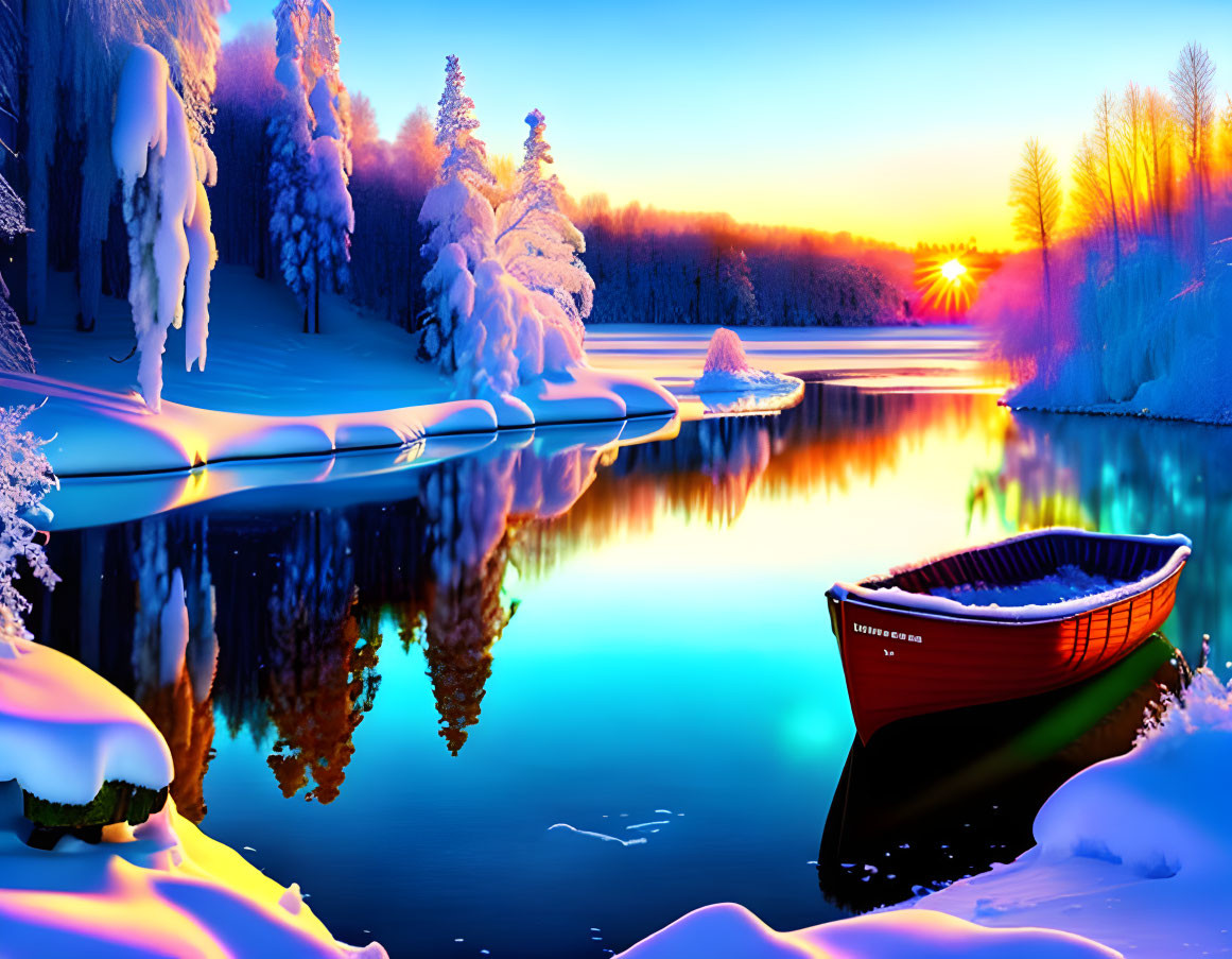 Winter scene with red boat on calm lake at sunset